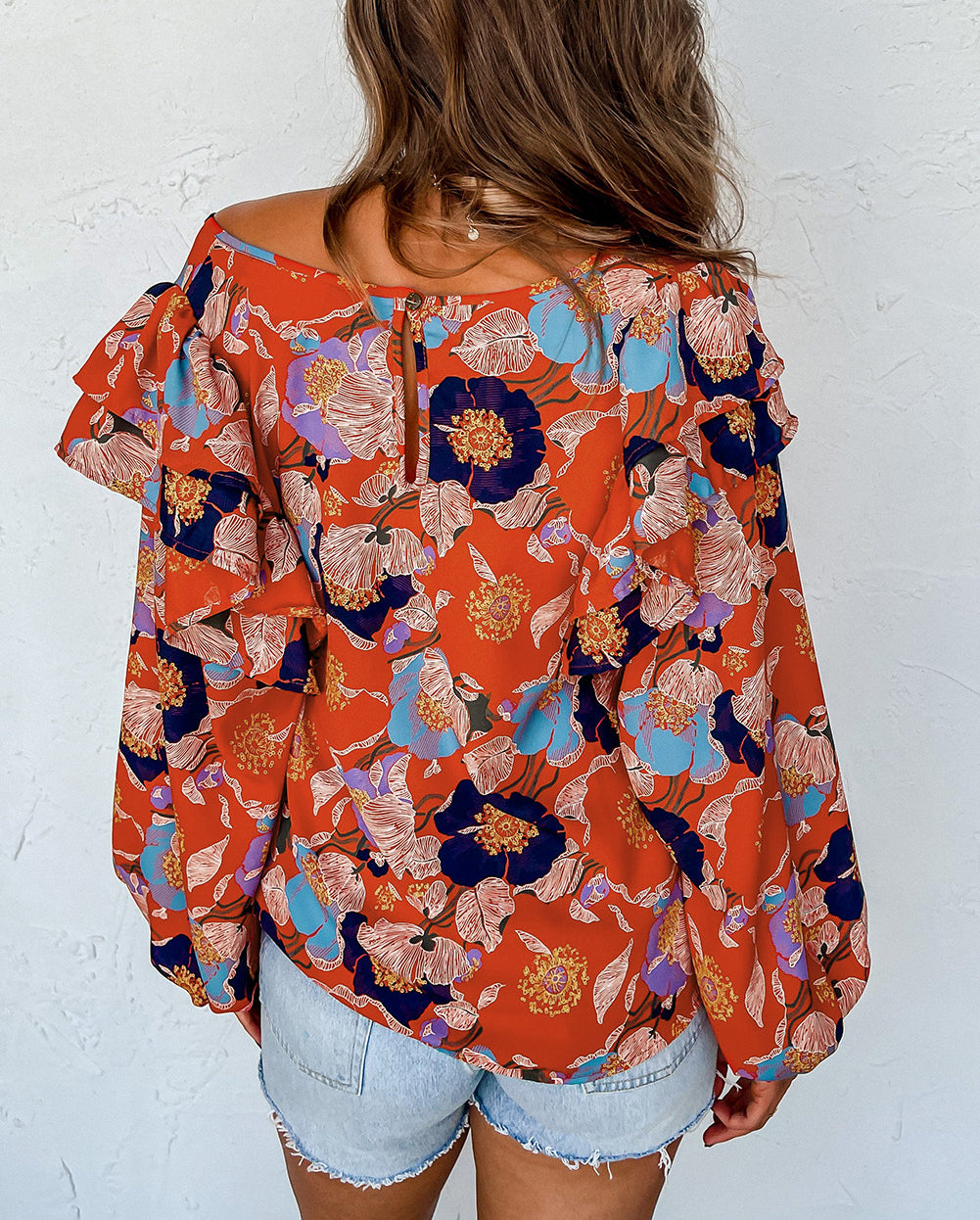 Floral Print Ruffle Puff Sleeve Blouse