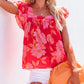 Red Floral Square Neck Ruffle Sleeve Blouse