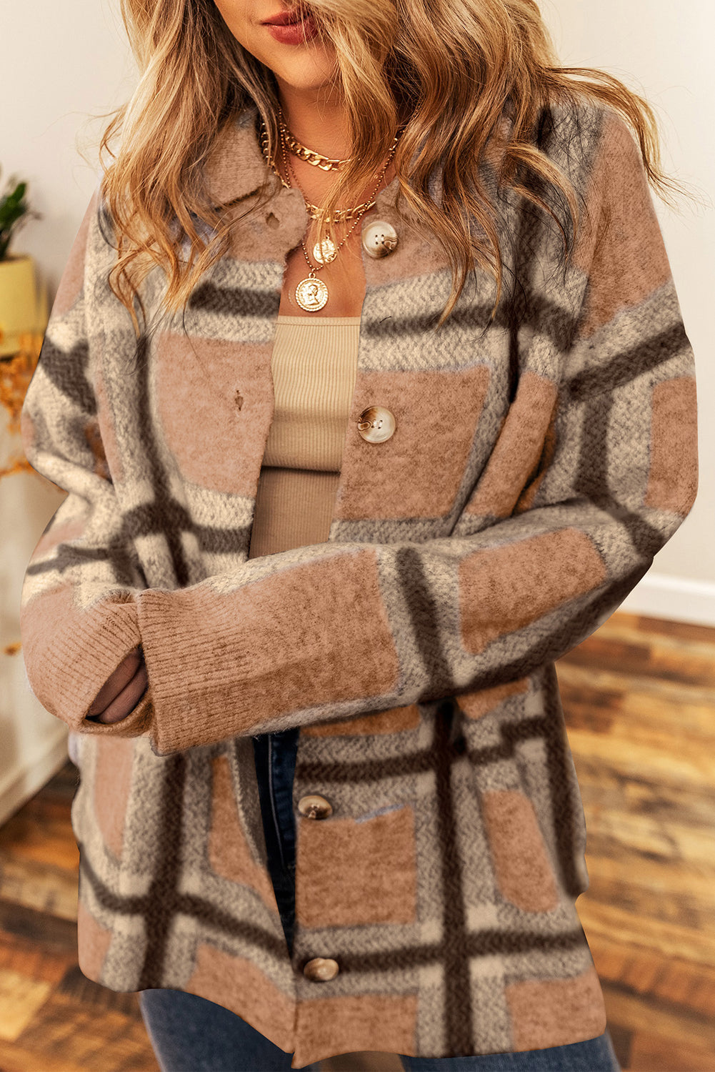 Fuzzy Plaid Collared Button Up Cardigan