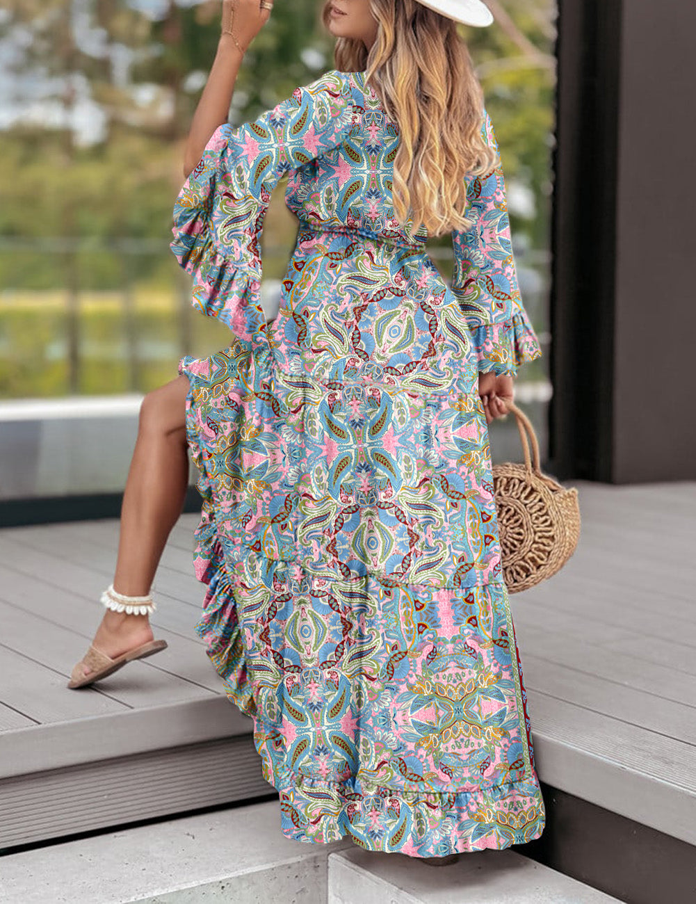 Paisley Printed Ruffle Trim Elegant Maxi Dress