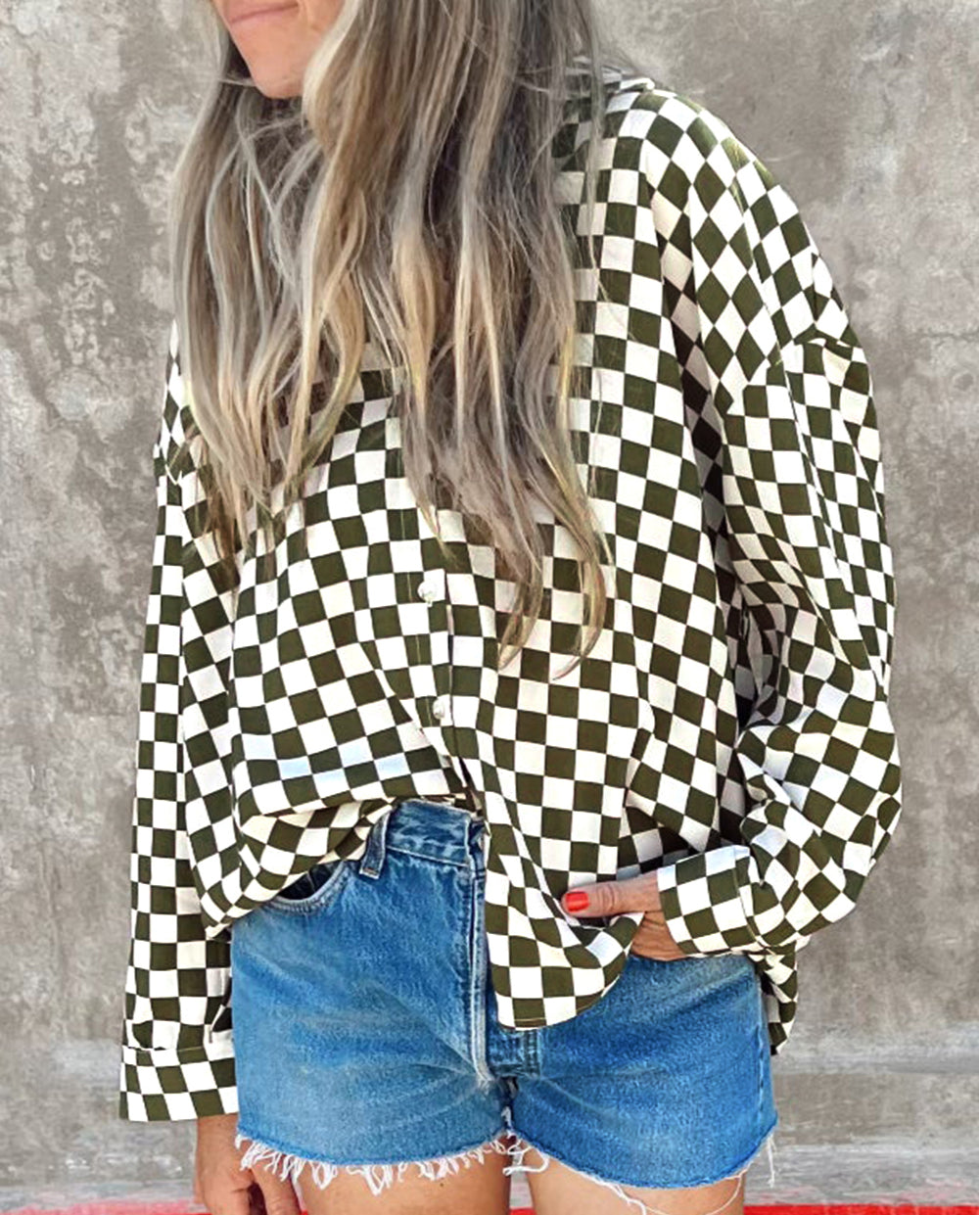 Checkerboard Printed Drop Shoulder Loose Casual Shirt