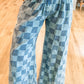 Checkered Denim Wide Leg Jeans