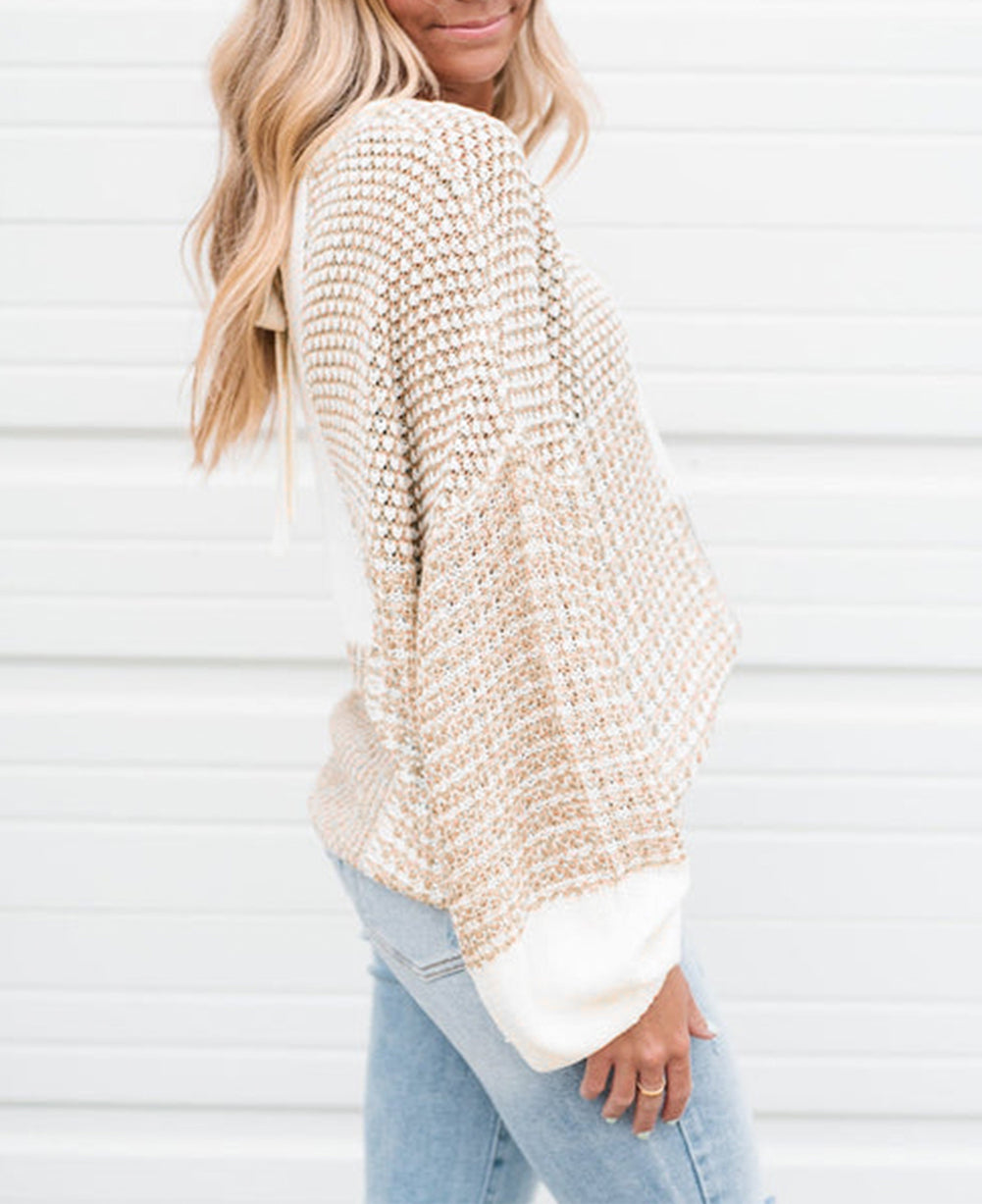 Mixed Pattern Knit Tie Keyhole Drop Shoulder Sweater