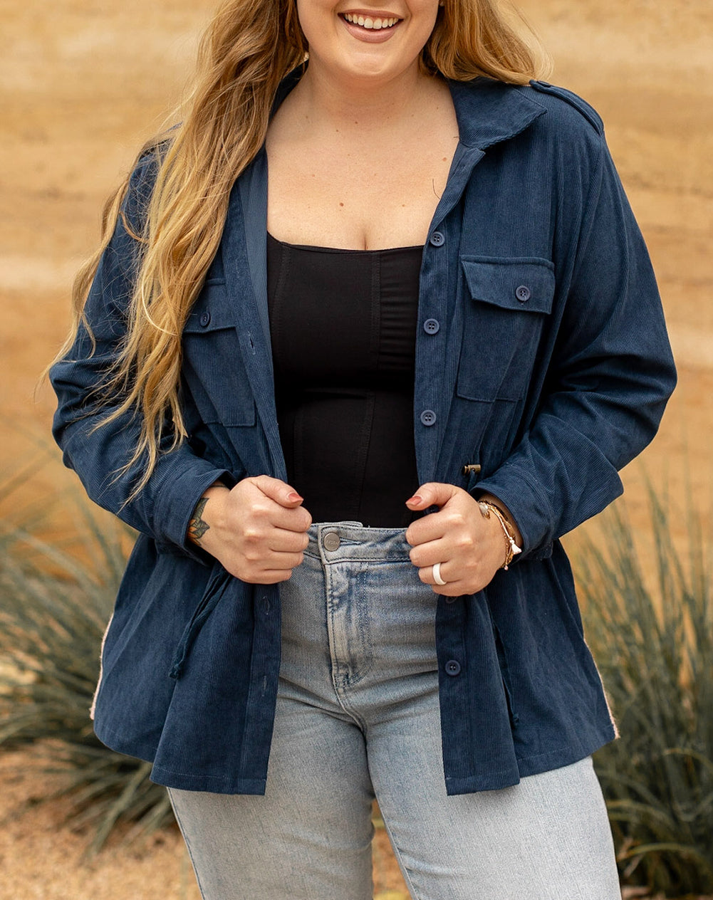 Plus Size Corduroy Jacquard Knit Aztec Back Jacket