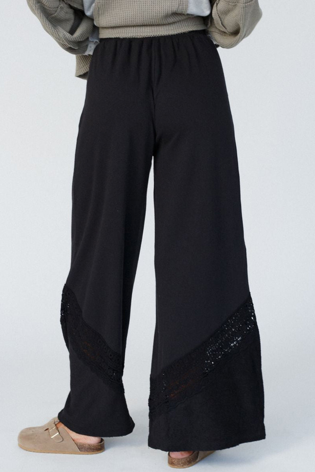 Lace Crochet Patched Lace-up High Waist Wide Leg Pants