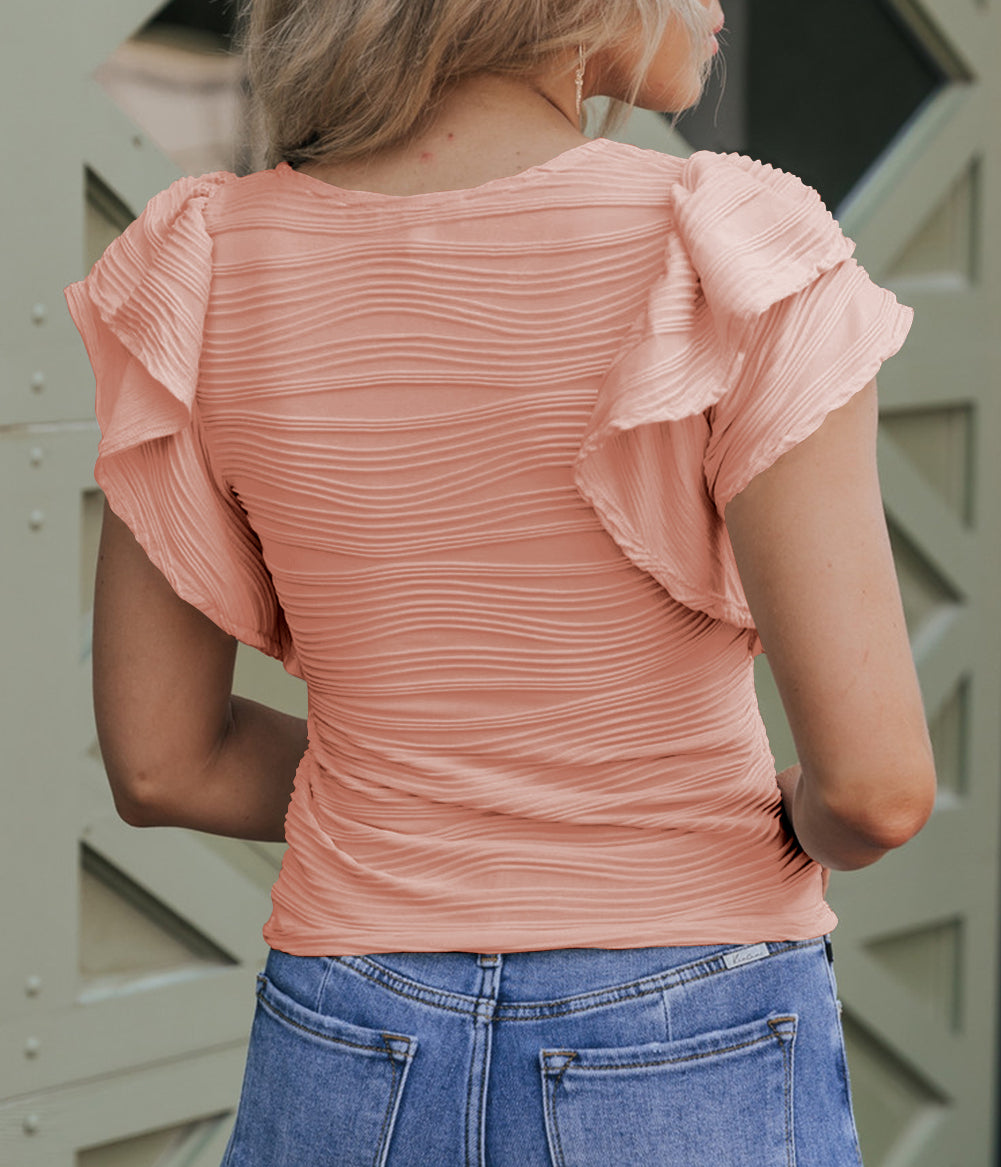 Wavy Textured Ruffle Sleeve Top