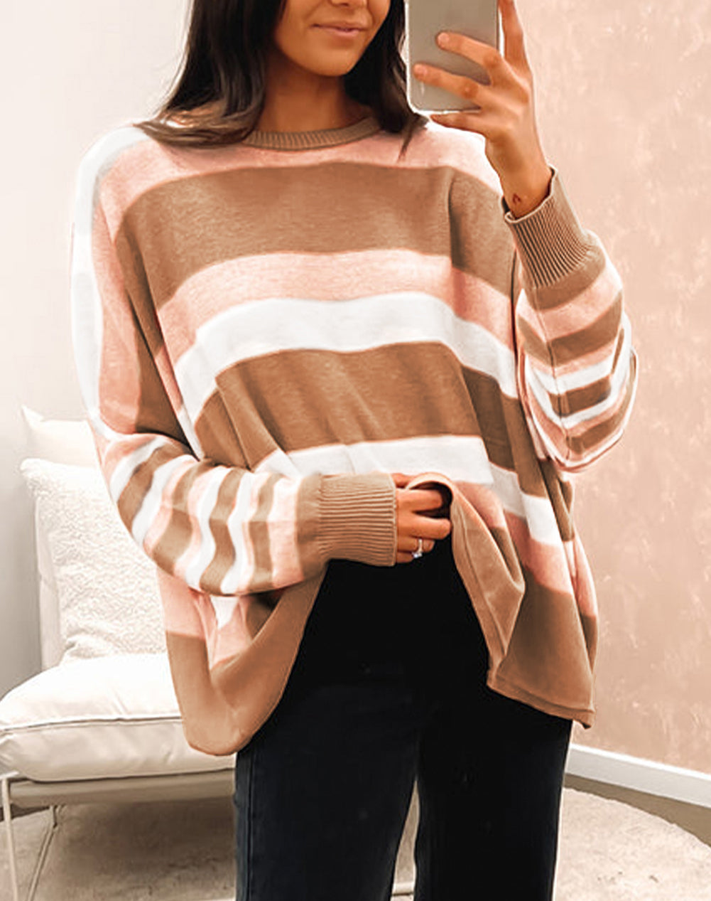 Striped Knit Drop Shoulder Loose Sweater
