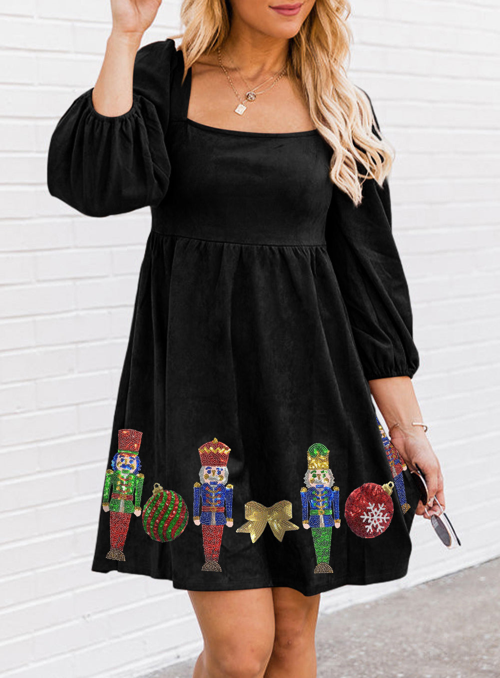 Sequined Christmas Nutcracker Square Neck Mini Dress
