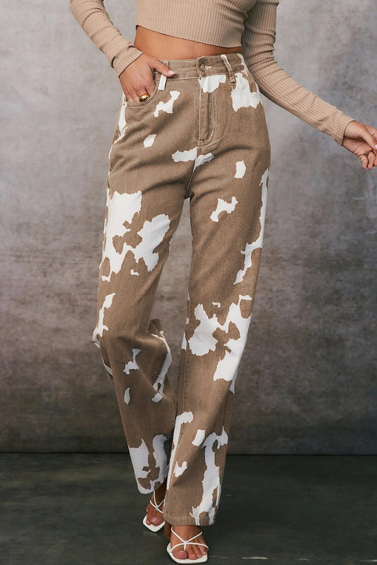 Cow Spot Print Pocketed Jeans