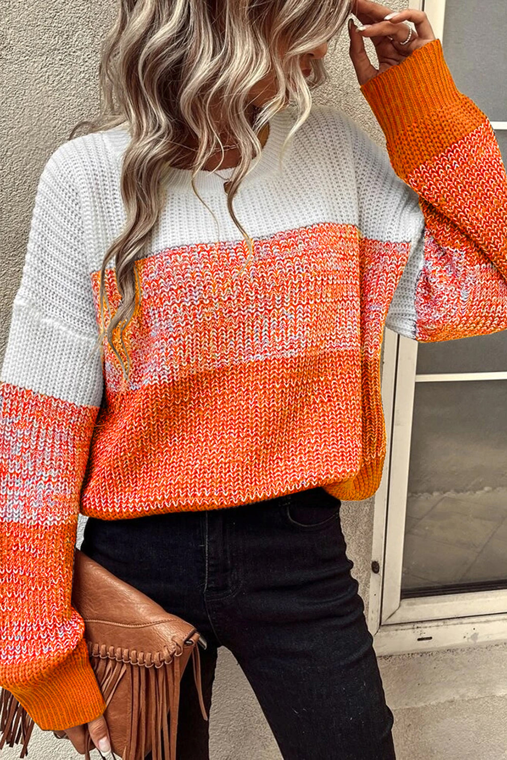 Color Block Drop Shoulder Ribbed Trim Sweater