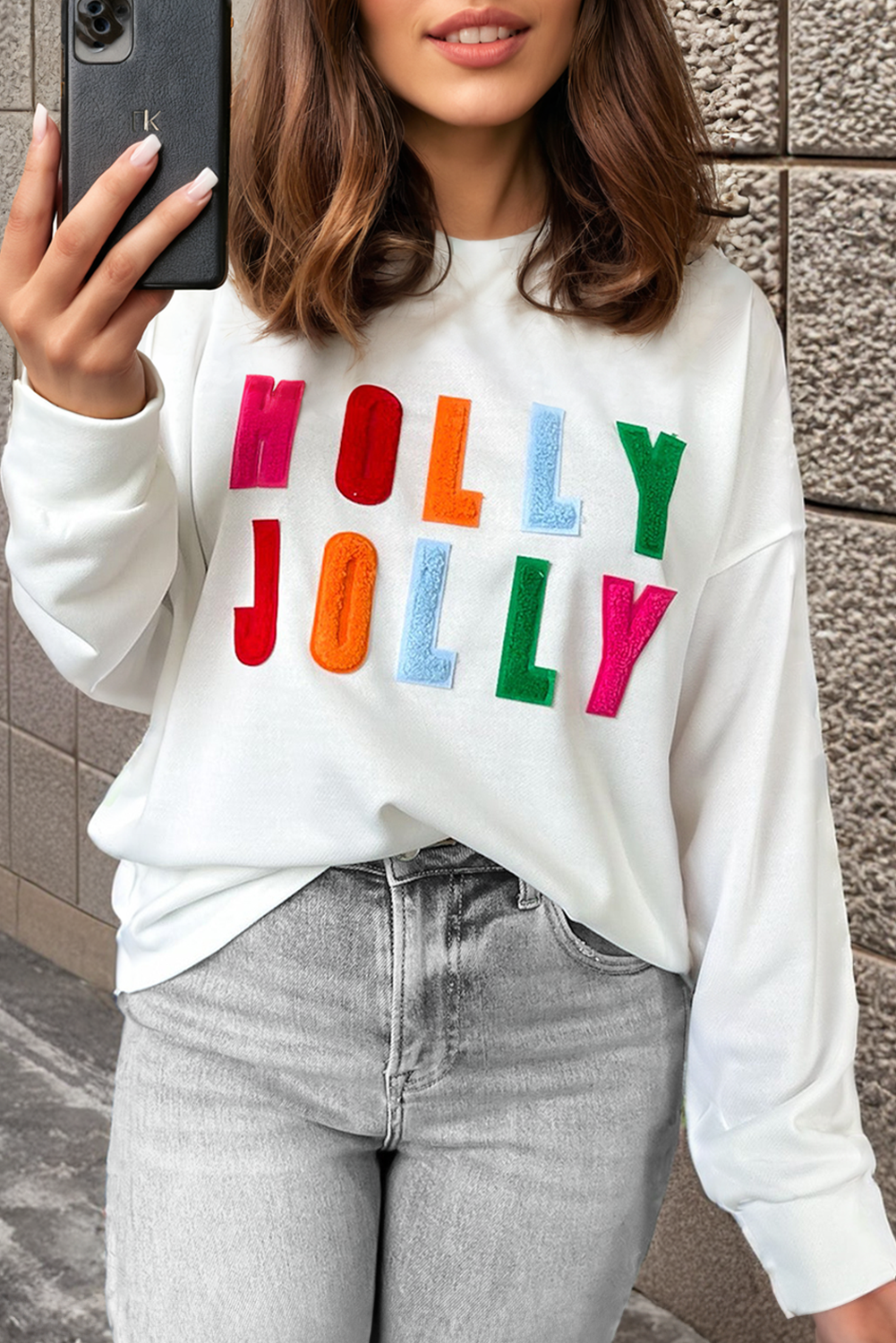 Chenille Holly Jolly Graphic Long Sleeve Top