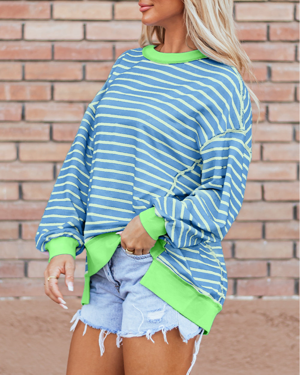 Stripe Contrast Trim High Low Pullover Tunic Sweatshirt