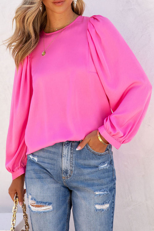 Satin Puff Long Sleeve Crewneck Blouse