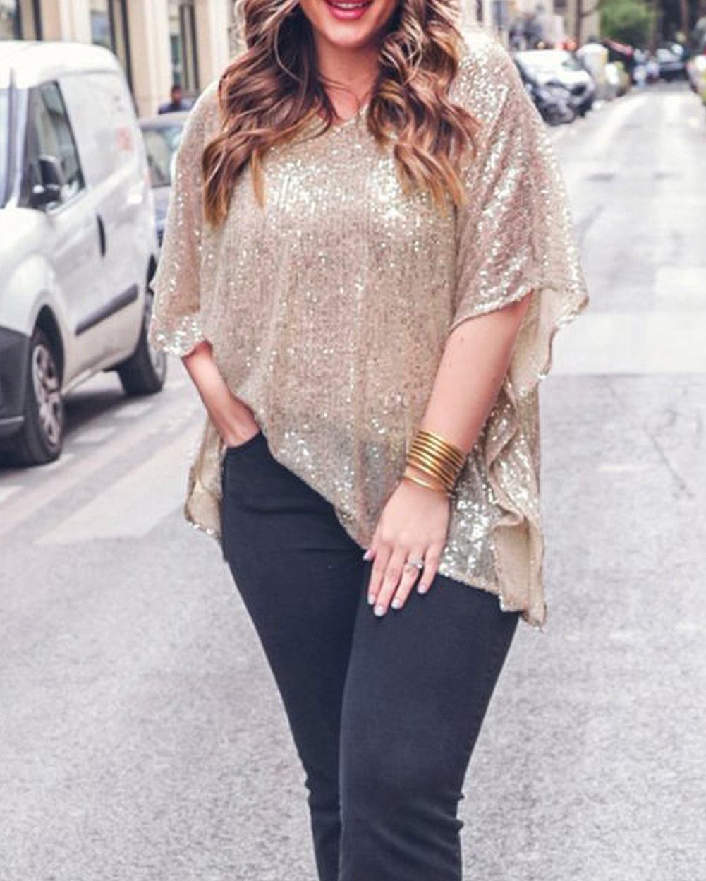 Plus Size Sequined V Neck Boxy Top