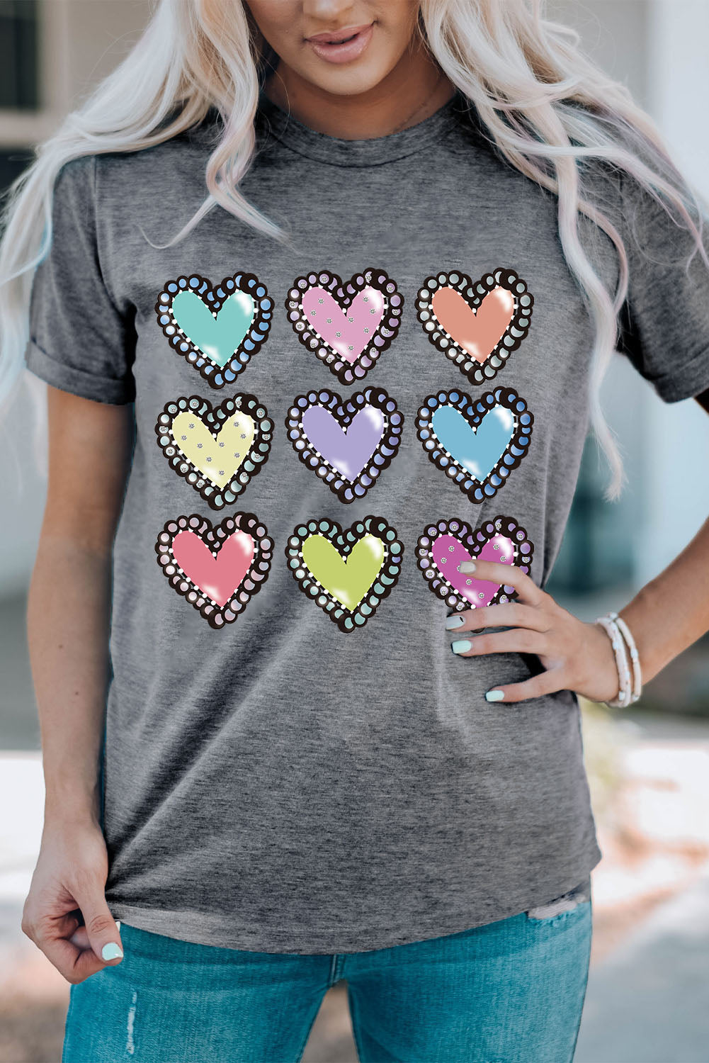 Colorful Heart Shaped Print Crew Neck Casual Tee