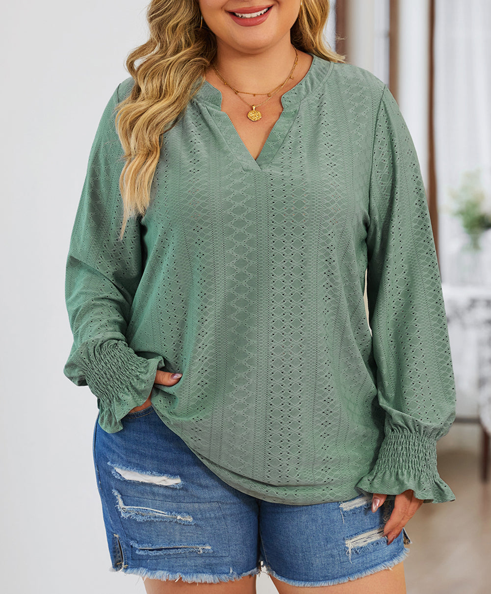 Split Neck Flounce Sleeve Plus Size Blouse