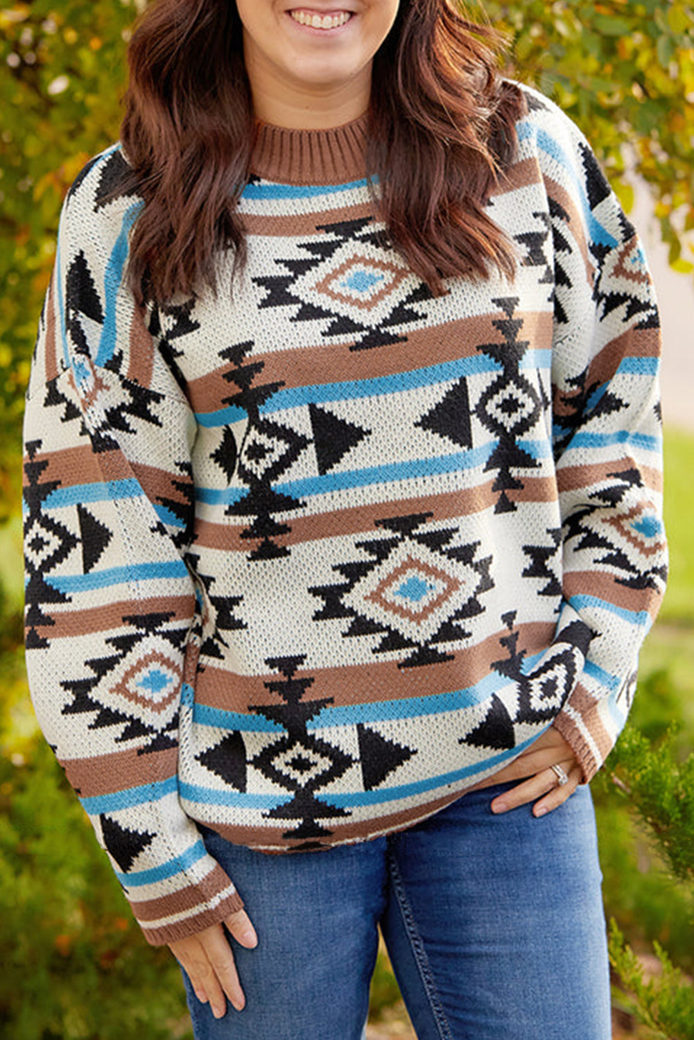 Aztec Knit Drop Shoulder Plus Size Sweater