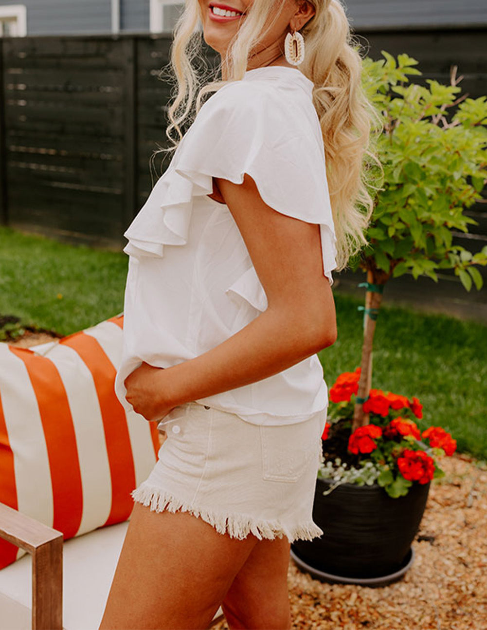 V Neck Pleated Front Ruffled Sleeve Shirt