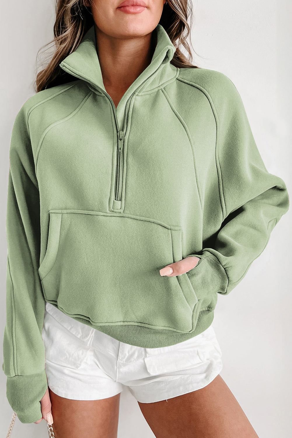 Zip Up Stand Collar Ribbed Thumbhole Sleeve Sweatshirt