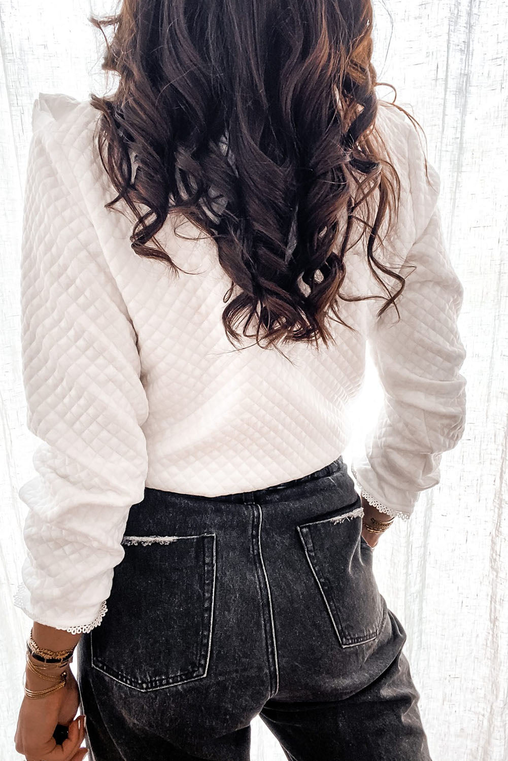 Quilted Ruffled Buttons Crew Neck Shirt