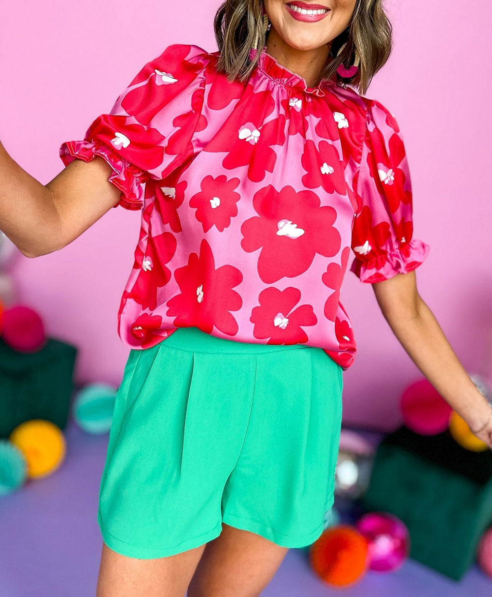 Floral Puff Sleeve Frill Neckline Blouse