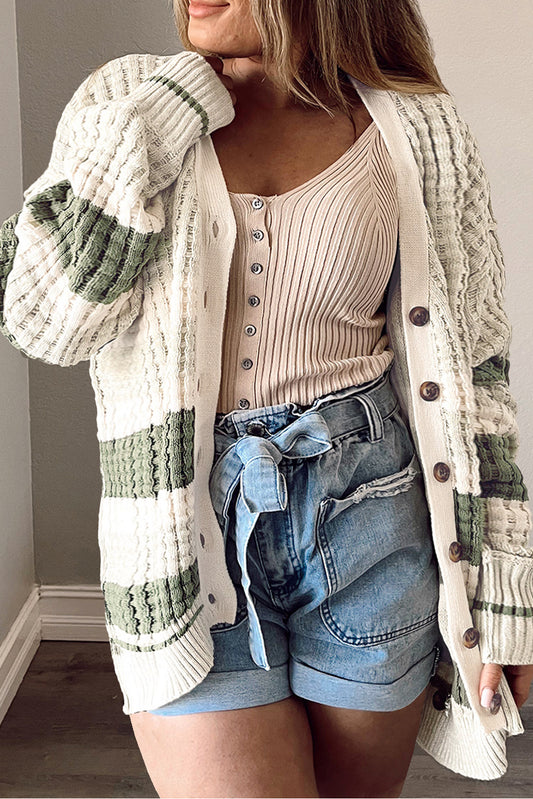 Plus Size Color Block Cable Knit Buttoned Cardigan