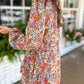 Floral Neck Tie Long Sleeve Flared Dress