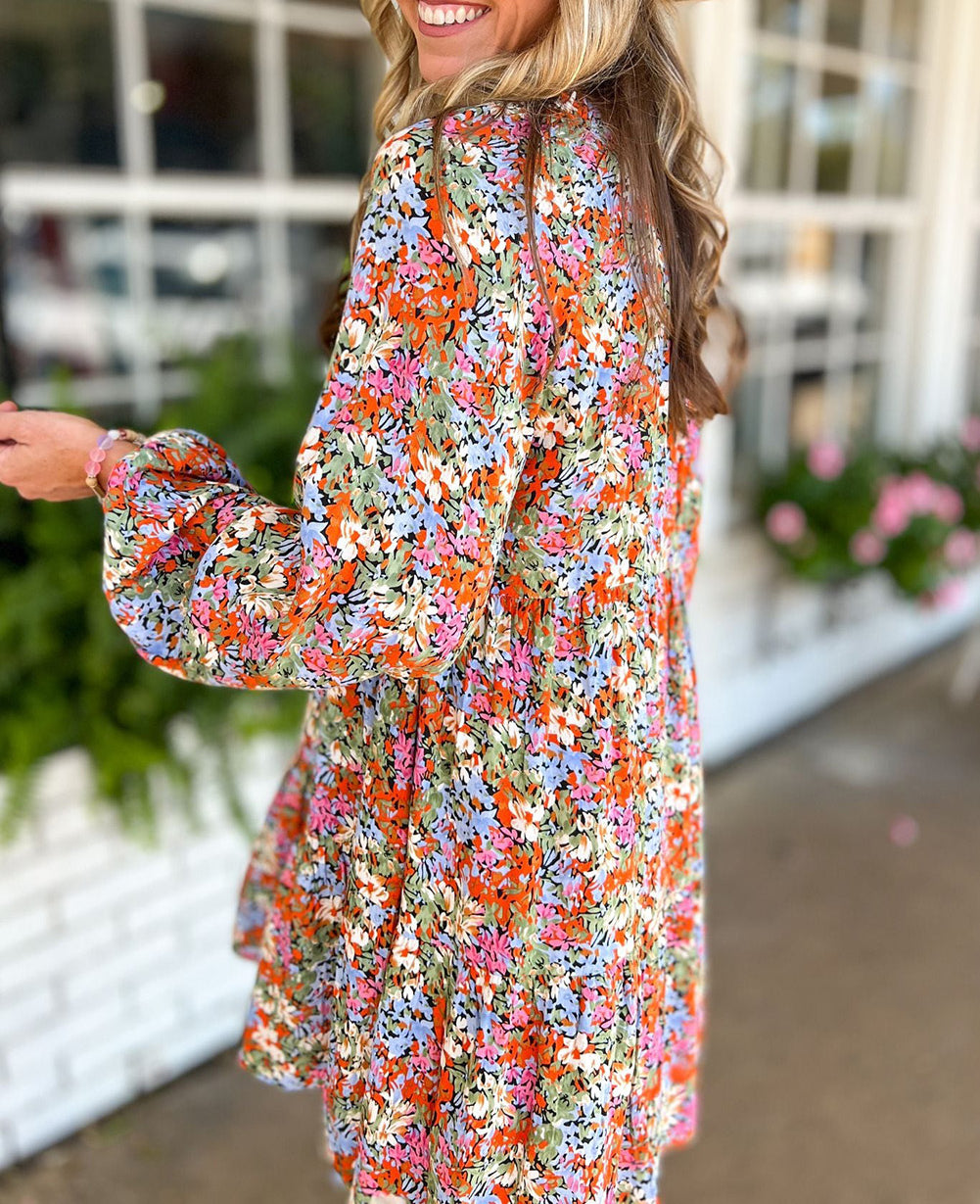 Floral Neck Tie Long Sleeve Flared Dress