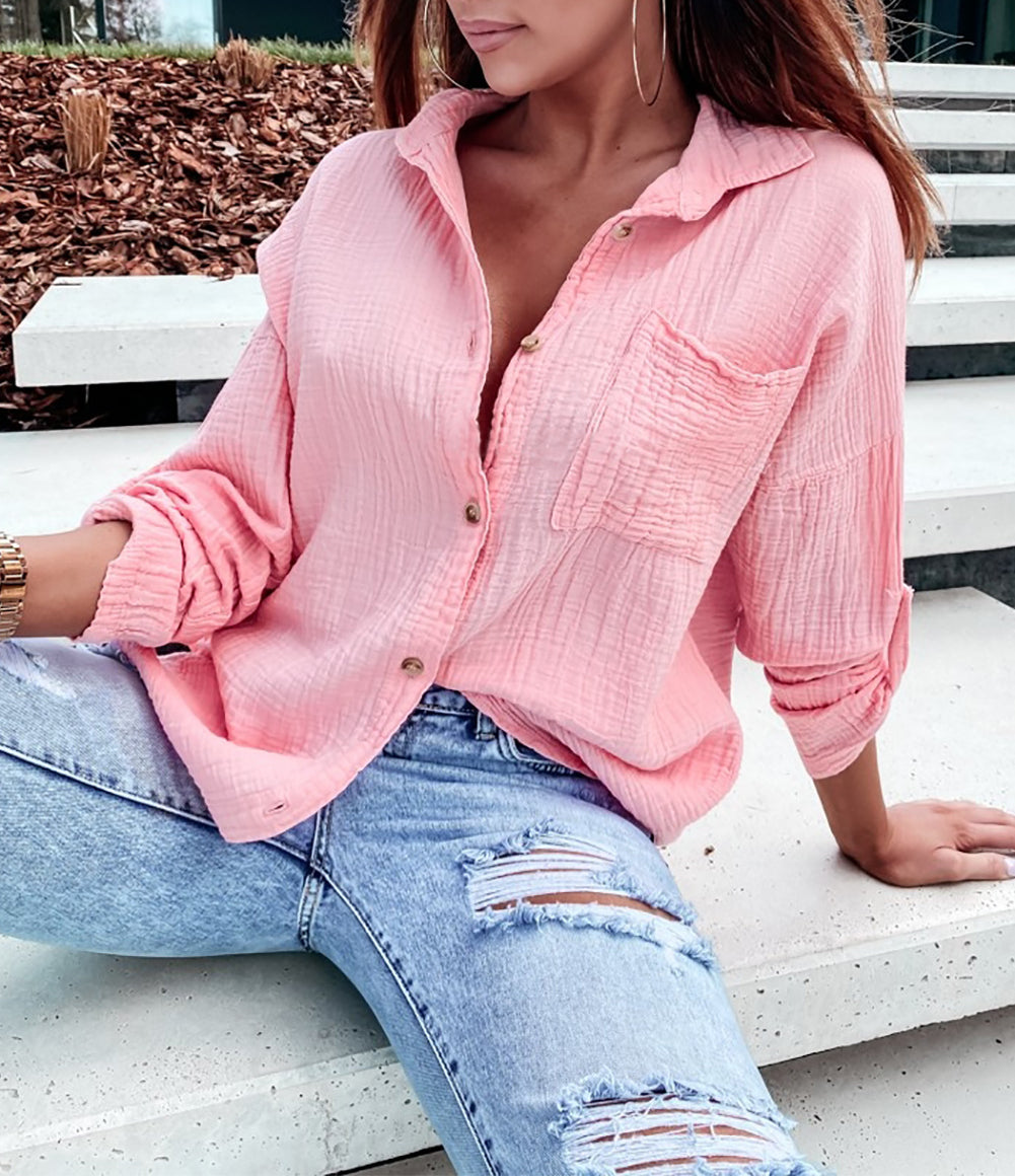 Crinkle Texture Roll-tab Sleeve Shirt