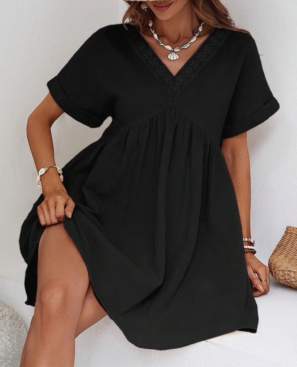 Folded Short Sleeve Lace V Neck Mini Dress