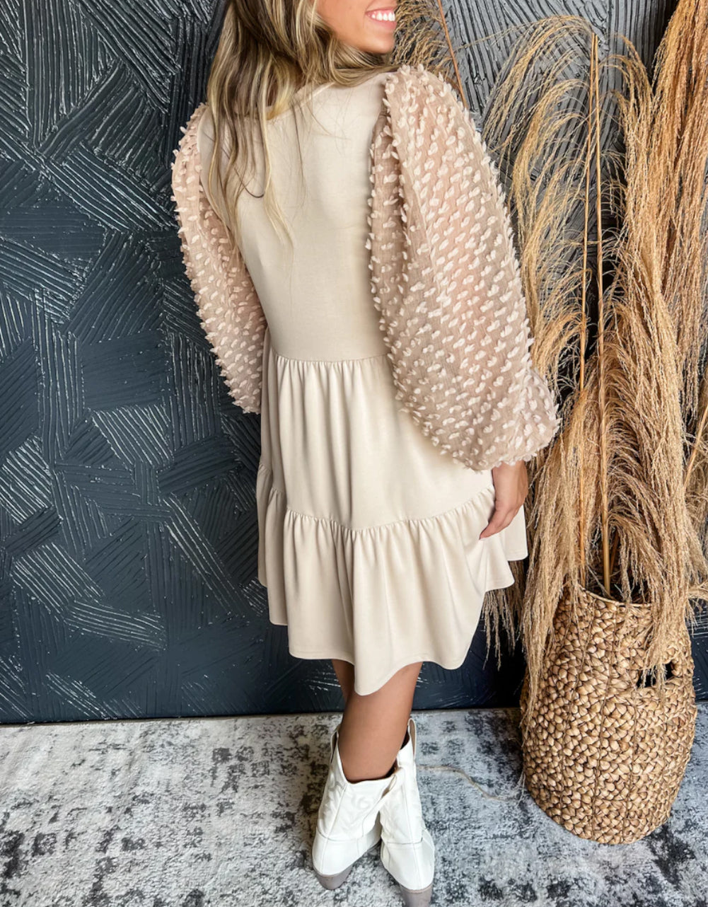 Embellished Puff Sleeve Tiered A-line Dress