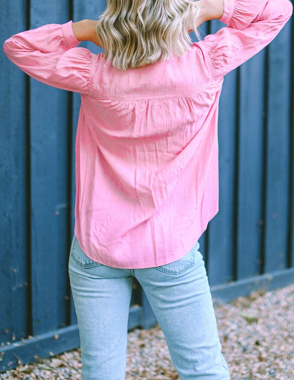 Button Split Neck Pleated Puff Sleeve Blouse