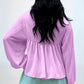 Corded Turn-down V Neck Bubble Sleeve Babydoll Blouse