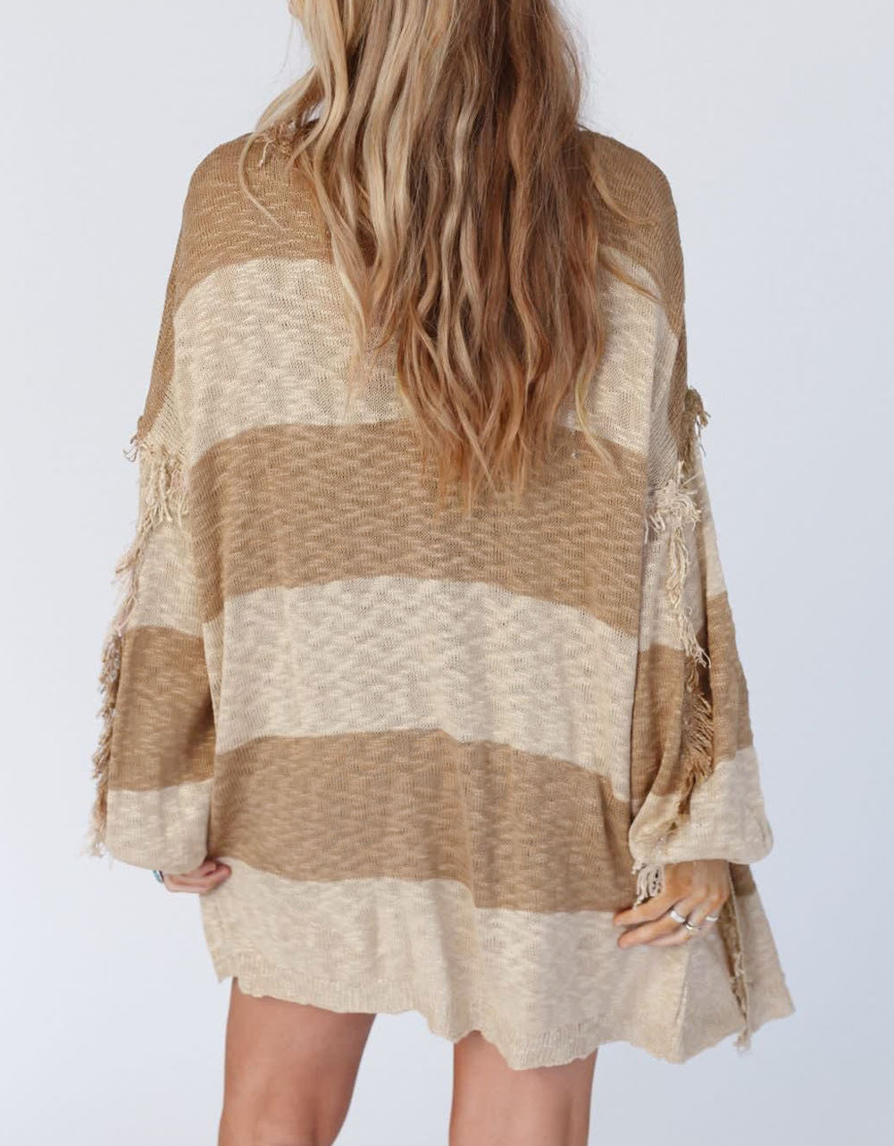 Stripe Lantern Sleeve Fringed Open Cardigan