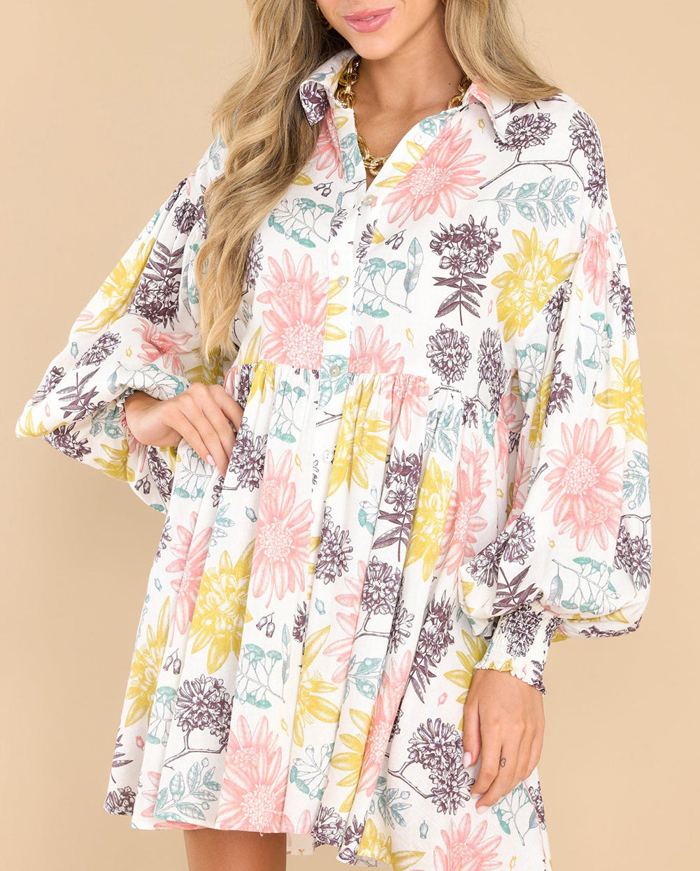 Collared Neck Bubble Sleeve Floral Dress