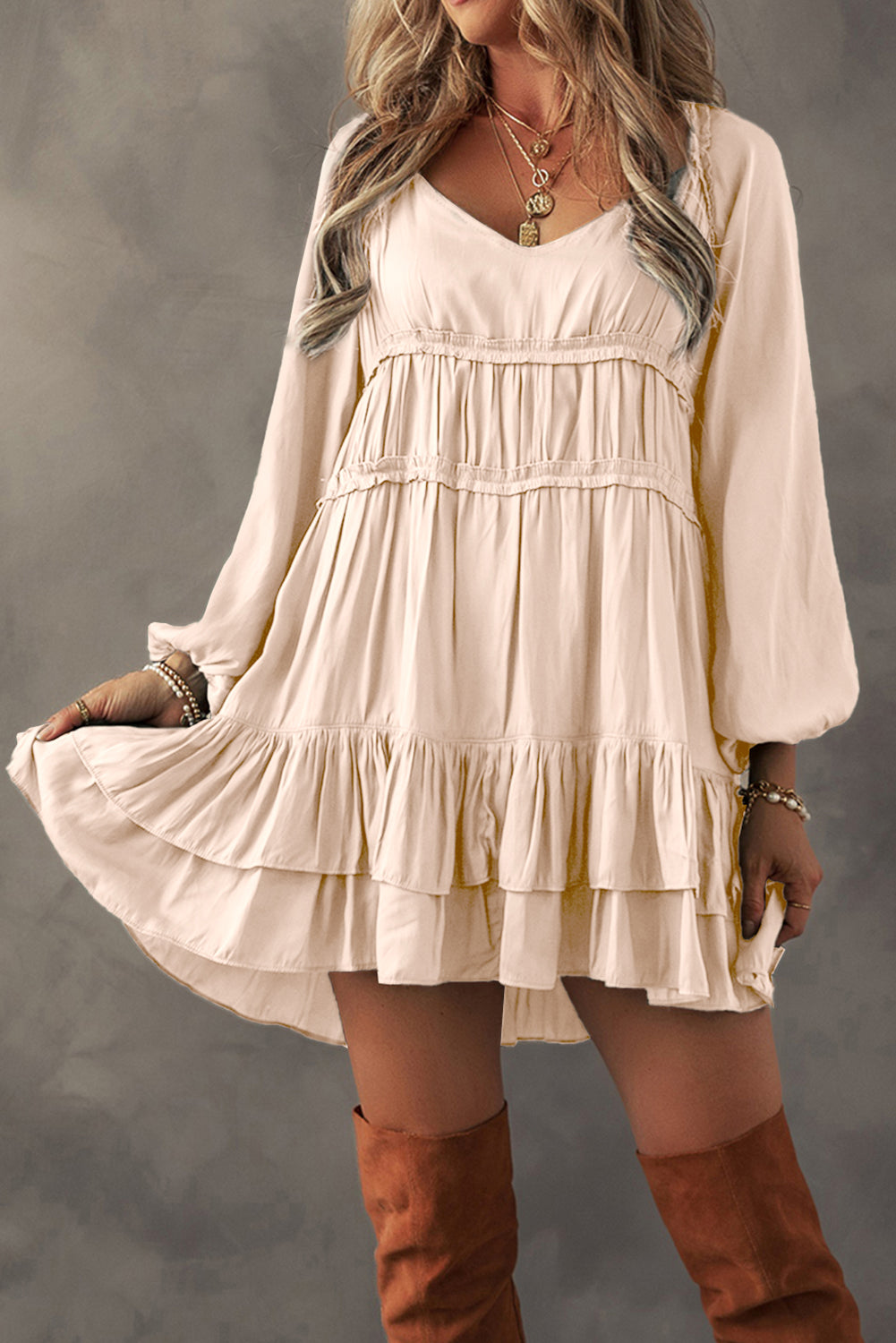 Tiered Ruffled Puff Sleeve Loose Fit Mini Dress