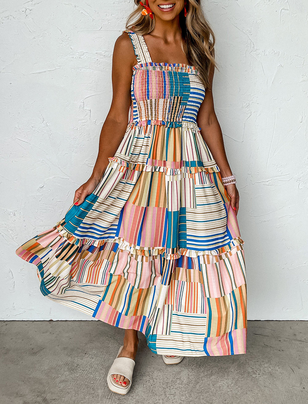Mix Striped Wide Straps Smocked Tiered Maxi Dress