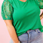 Ribbed Lace Patchwork Puff Sleeve Plus Size Blouse