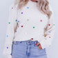 Sequin Heart Shape Waffle Knit Round Neck Sweater