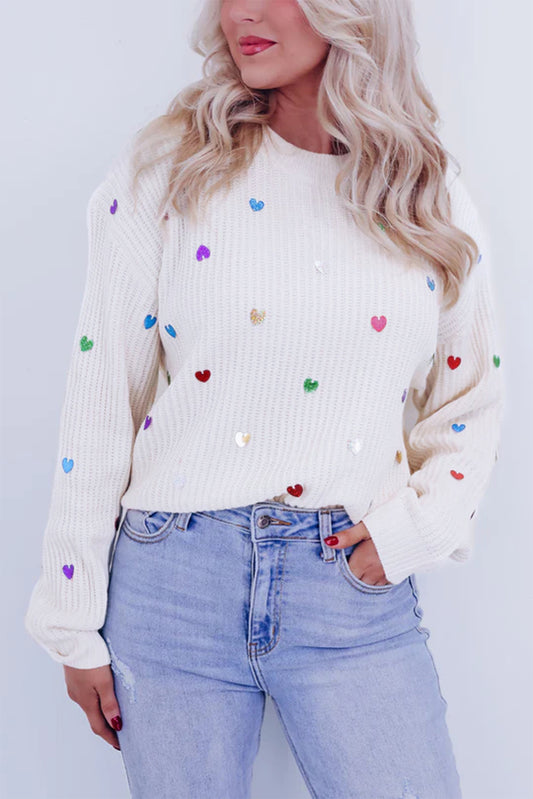 Sequin Heart Shape Waffle Knit Round Neck Sweater