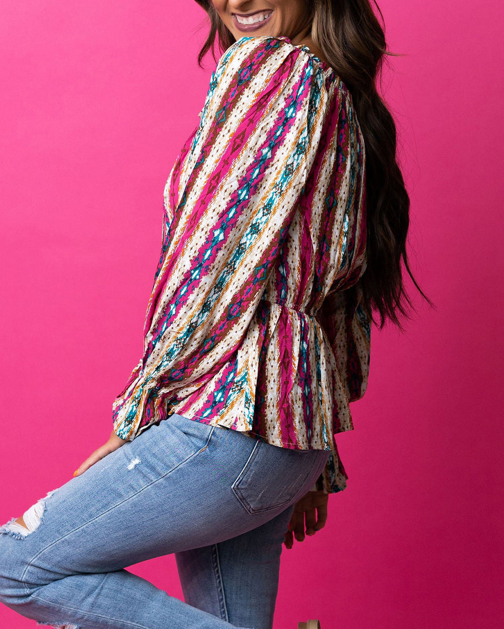 Western Aztec Split Neck Peplum Blouse