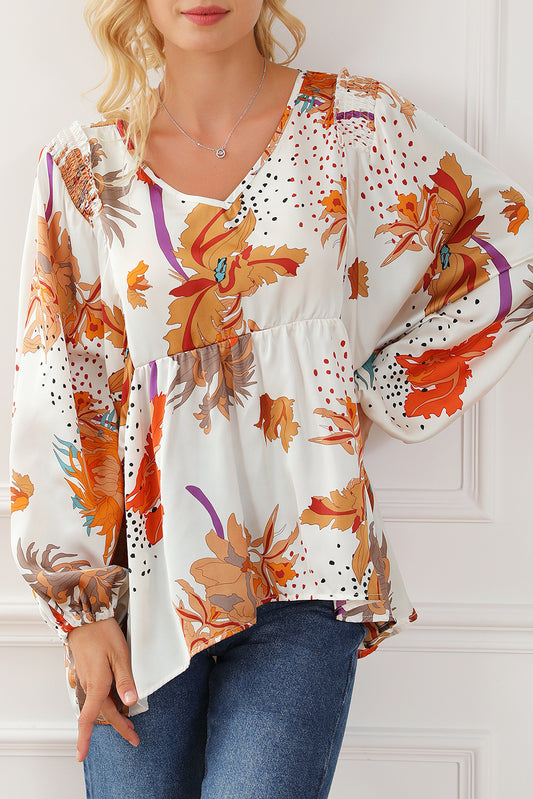 Floral Print V Neck Babydoll Blouse