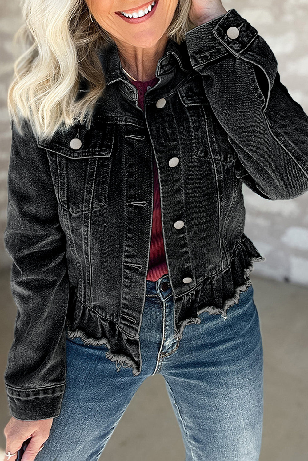 Ruffle Raw Hem Flap Pockets Denim Jacket