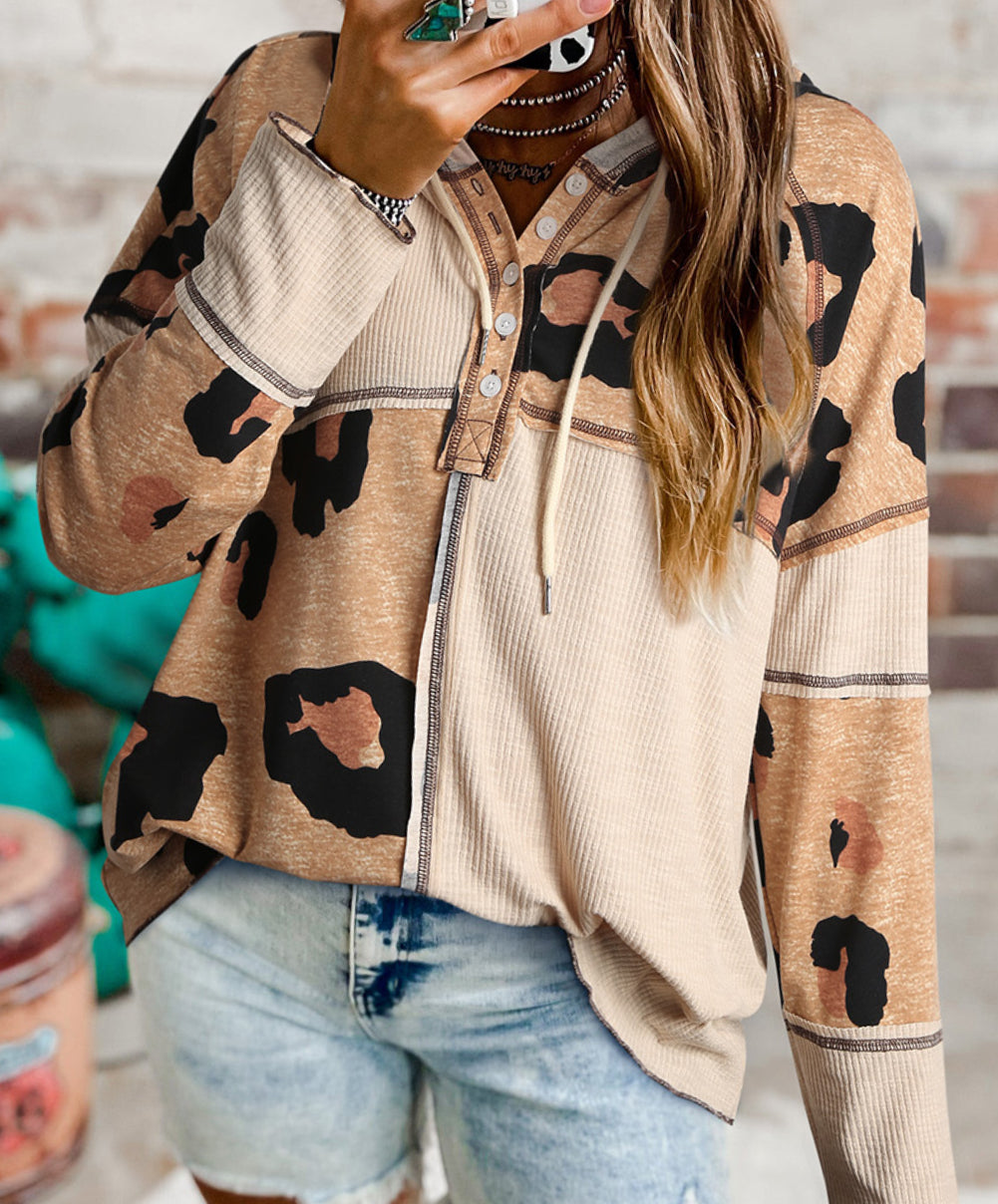 Print Exposed Seam Ribbed Patchwork Long Sleeve Top