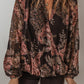 Floral Print Criss Cross V Neck Balloon Sleeve Blouse