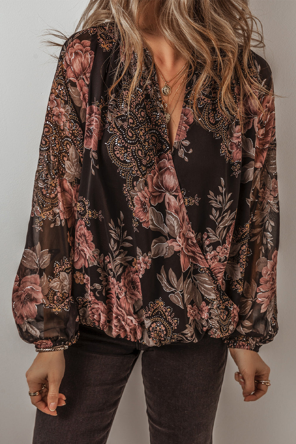 Floral Print Criss Cross V Neck Balloon Sleeve Blouse