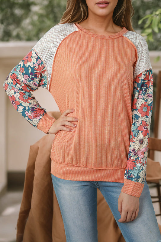 Floral Patchwork Puff Sleeve Textured Blouse