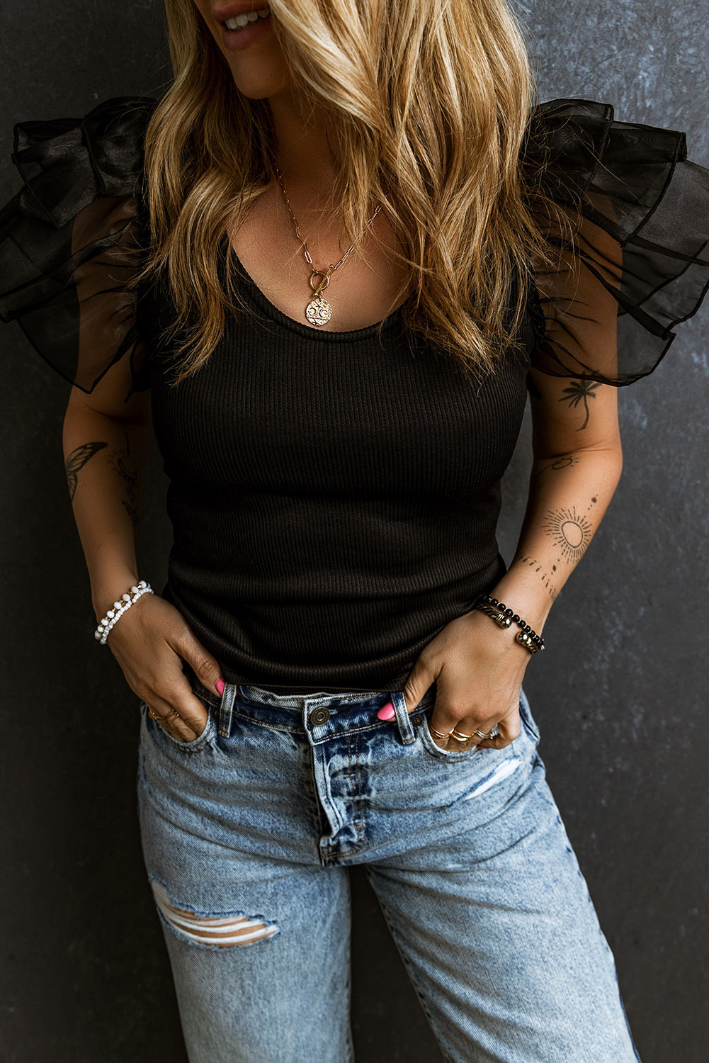 Mesh Flutter Sleeve Ribbed Knit Top