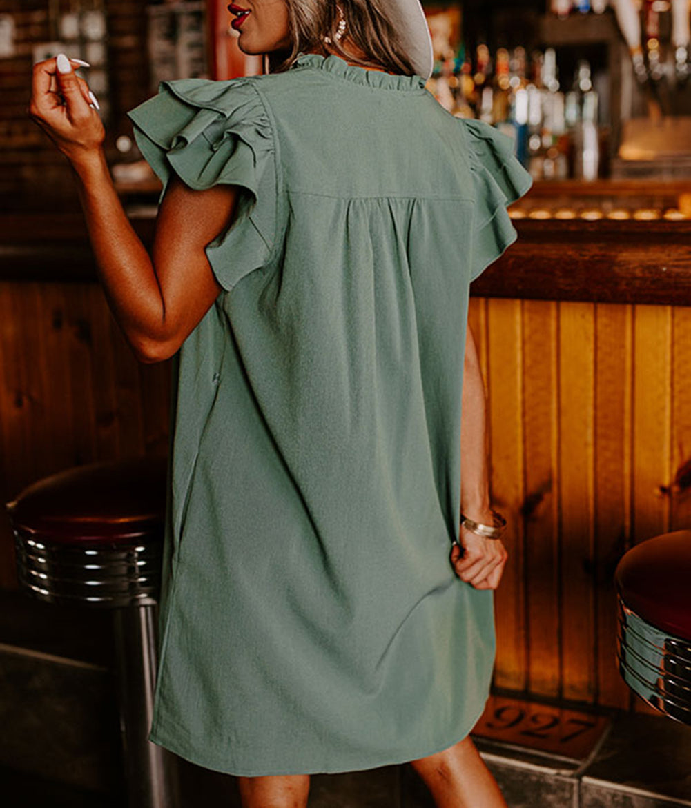 Ruffle Sleeve V Neck Frilled Shift Dress