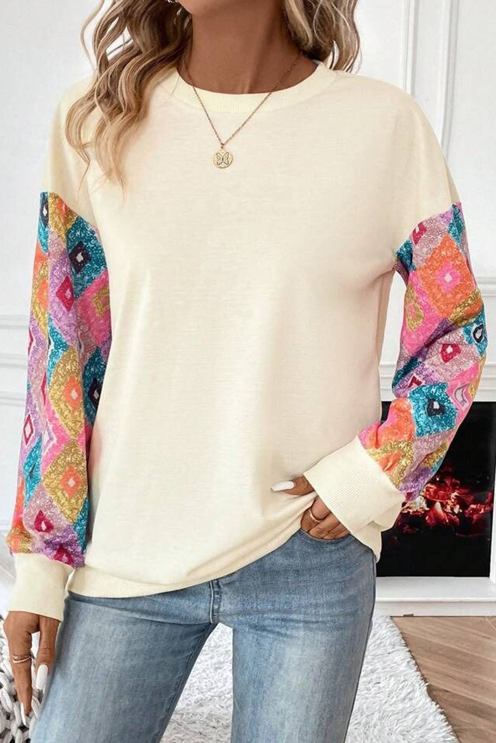 Geometric Printed Patchwork Long Sleeve Round Neck Top